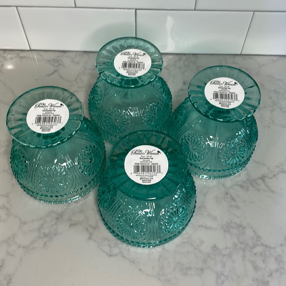 NWT (4) The Pioneer Woman Adeline Teal Sundae Cup Colored Glassware - Picture 3 of 8